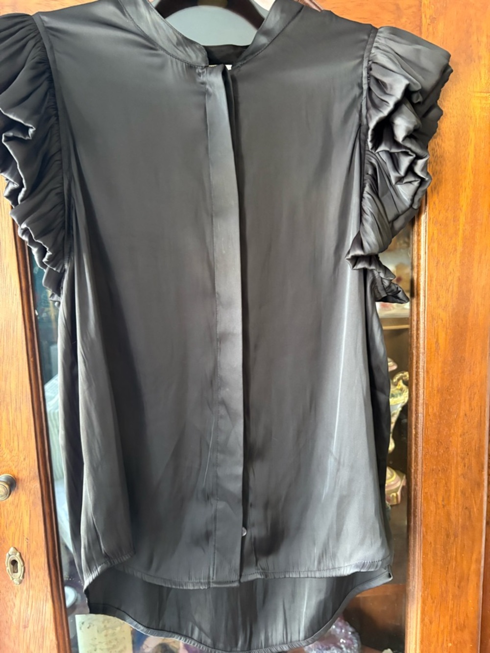 Z Supply Black Satin Blouse with Ruffled Cap Sleeves